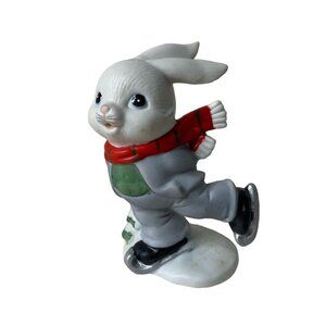 Homco Ceramic Christmas Ornament Ice Skating Rabbit Figurine Decoration u